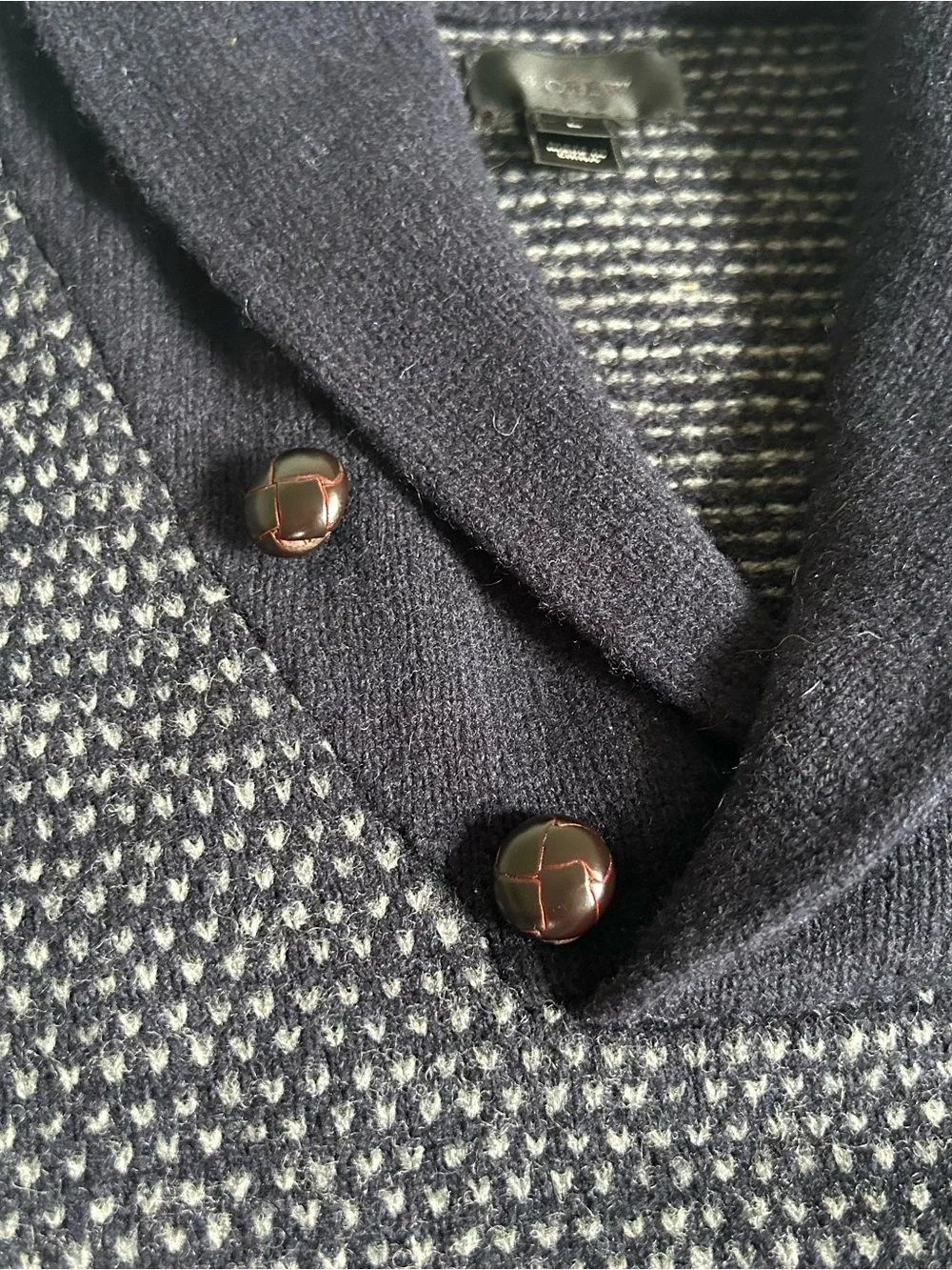 J.Crew Mens 100% Lambswool Birdseye Shawl Collar Sweater Large Blue Wool Buttons